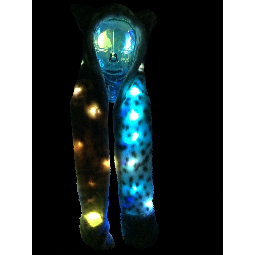 LED Light Up Snow Leopard Hat Scarf Gloves Faux Fur Spirit Hood w/ Paws Cosplay - Picture 6 of 9